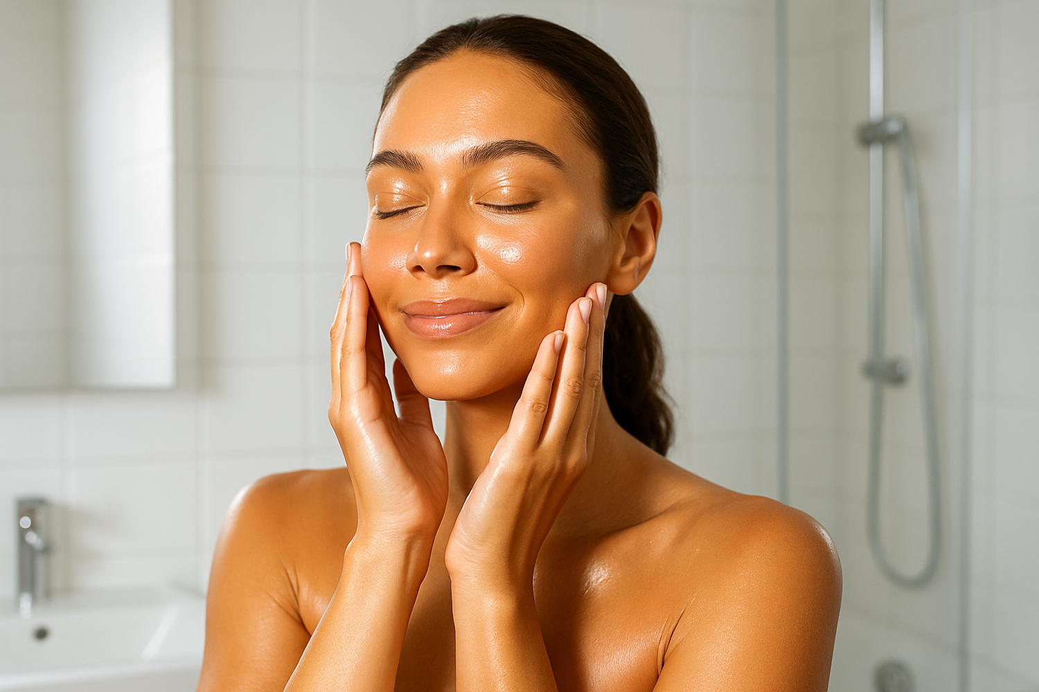 of a woman with radiant skin in the bathroom touching her face after using the LED  skin massaging treatment 